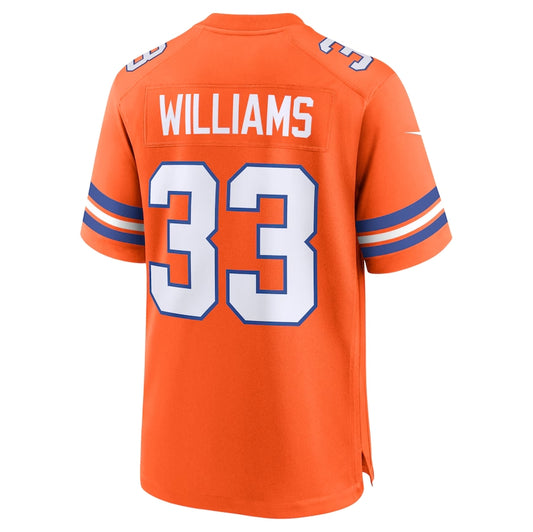 D.Broncos #33 Javonte Williams Orange Mile High Collection 1977 Throwback Player Game Football Jerseys