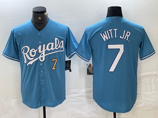 Kansas City Royals #7 Bobby Witt Jr Number Light Blue Cool Base Stitched Baseball Jersey