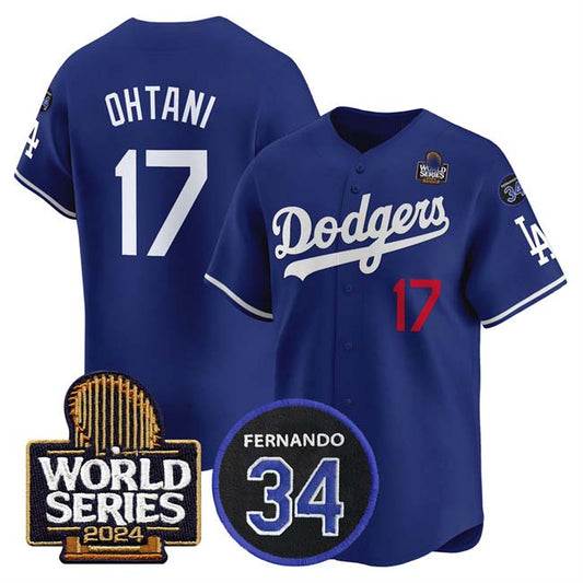 Los Angeles Dodgers #17 Shohei Ohtani Royal 2024 World Series With Fernando Memorial Patch Limited Stitched Baseball Jersey