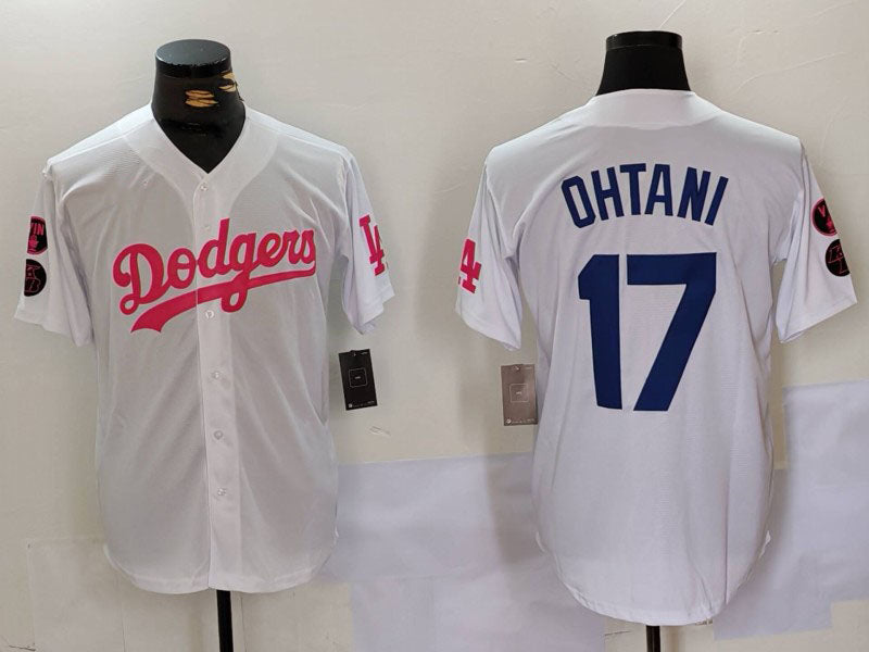 Los Angeles Dodgers #17 Shohei Ohtani White Pink Vin & Kobe Patch Stitched Baseball Jersey