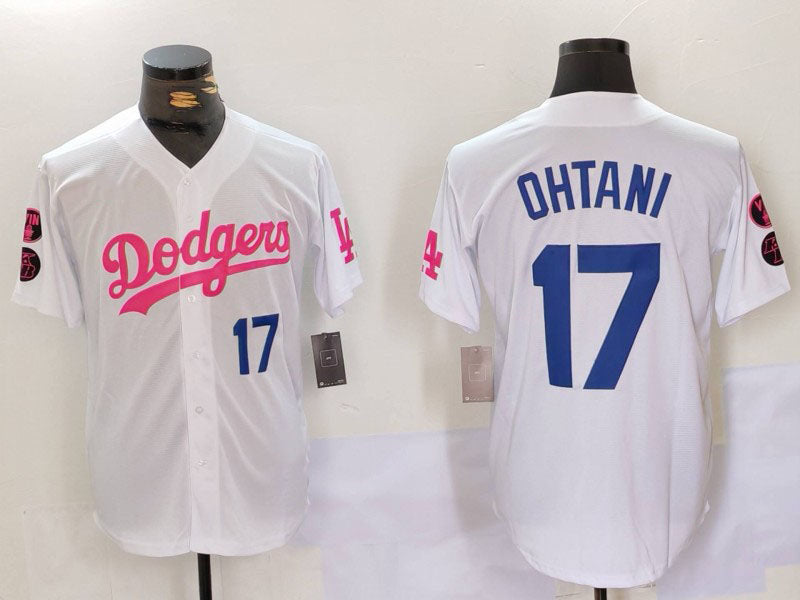 Los Angeles Dodgers #17 Shohei Ohtani White Pink Vin & Kobe Patch Stitched Baseball Jersey