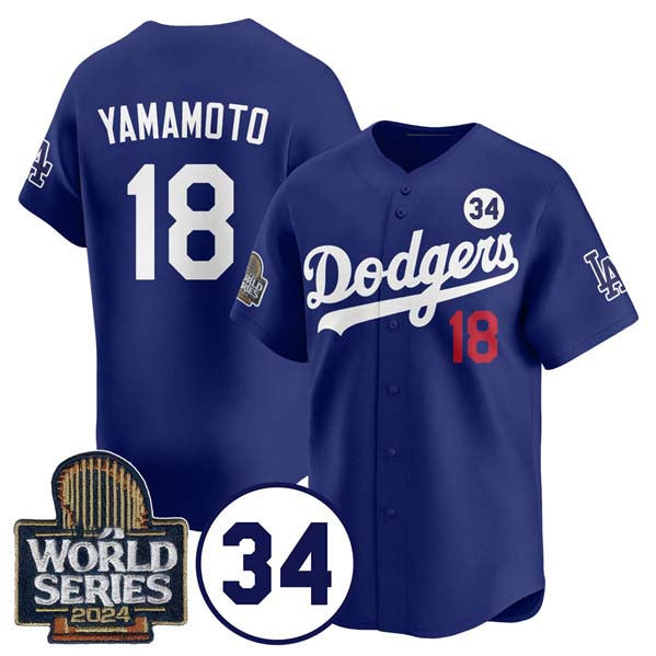 Los Angeles Dodgers #18 Yoshinobu Yamamoto Royal 2024 World Series With No. 34 Patch Cool Base Stitched Baseball Jersey