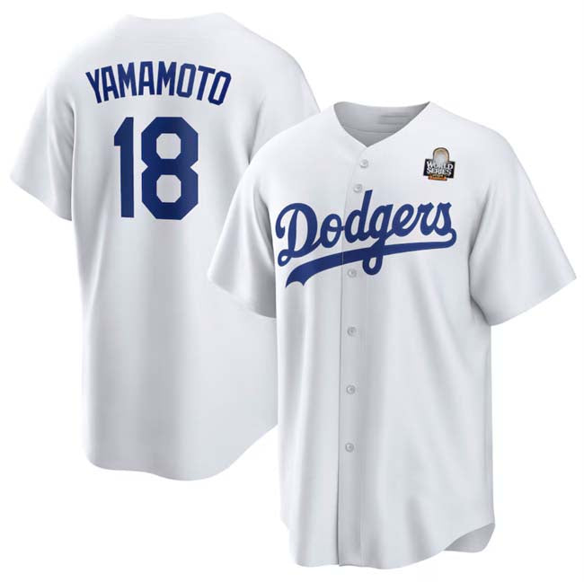 Los Angeles Dodgers #18 Yoshinobu Yamamoto White 2024 World Series Cool Base Stitched Baseball Jersey