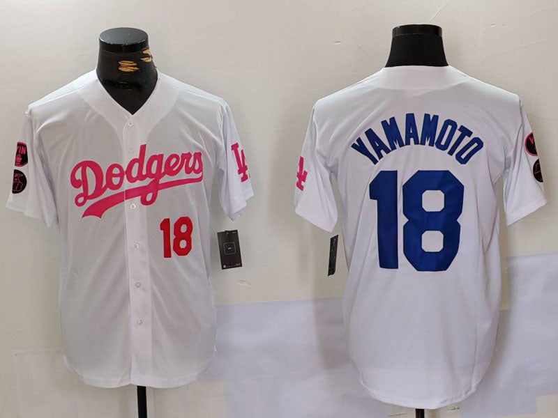 Los Angeles Dodgers #18 Yoshinobu Yamamoto White Pink Vin & Kobe Patch Stitched Baseball Jersey