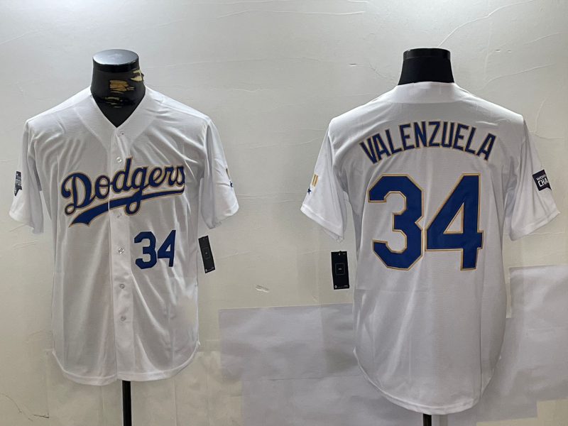 Los Angeles Dodgers #34 Fernando Valenzuela Number White Gold Championship Stitched Cool Base Baseball Jerseys