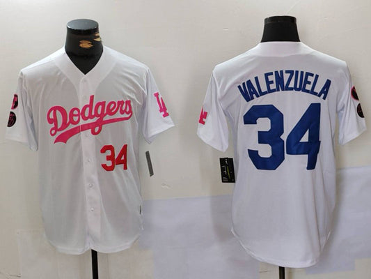 Los Angeles Dodgers #34 Fernando Valenzuela White Pink Vin & Kobe Patch Stitched Baseball Jersey