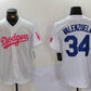 Los Angeles Dodgers #34 Fernando Valenzuela White Pink Vin & Kobe Patch Stitched Baseball Jersey