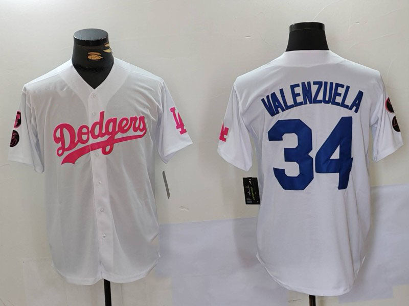 Los Angeles Dodgers #34 Fernando Valenzuela White Pink Vin & Kobe Patch Stitched Baseball Jersey