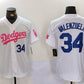 Los Angeles Dodgers #34 Fernando Valenzuela White Pink Vin & Kobe Patch Stitched Baseball Jersey