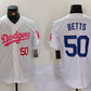 Los Angeles Dodgers #50 Mookie Betts White Pink Vin & Kobe Patch Stitched Baseball Jersey