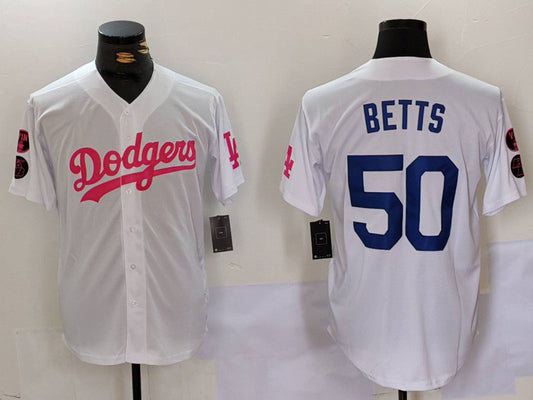 Los Angeles Dodgers #50 Mookie Betts White Pink Vin & Kobe Patch Stitched Baseball Jersey