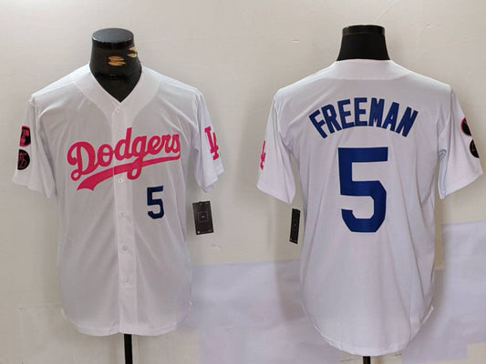 Los Angeles Dodgers #5 Freddie Freeman White Pink Vin & Kobe Patch Stitched Baseball Jersey