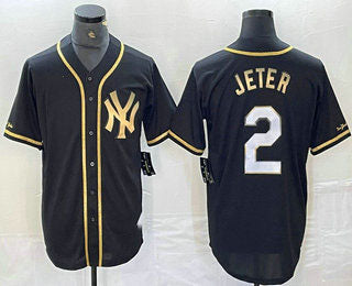 New York Yankees #2 Derek Jeter Black Gold Cool Base Stitched Baseball Jersey