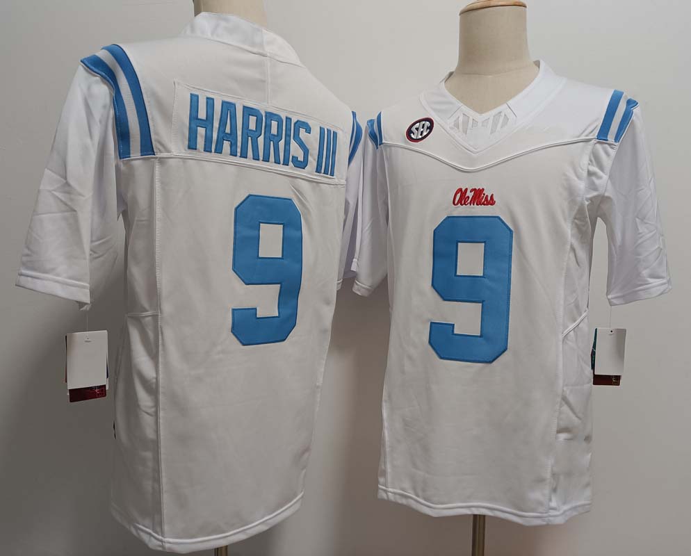 O.Miss Rebels #9 Tre Harris III White FUSE Football Stitched American College Jerseys