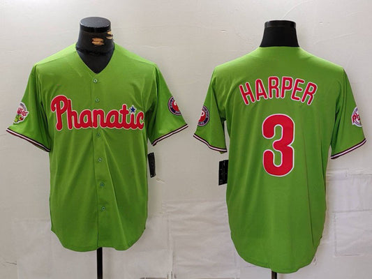 Philadelphia Phillies #3 Bryce Harper Green With Patch Stitched Cool Base Baseball Jersey