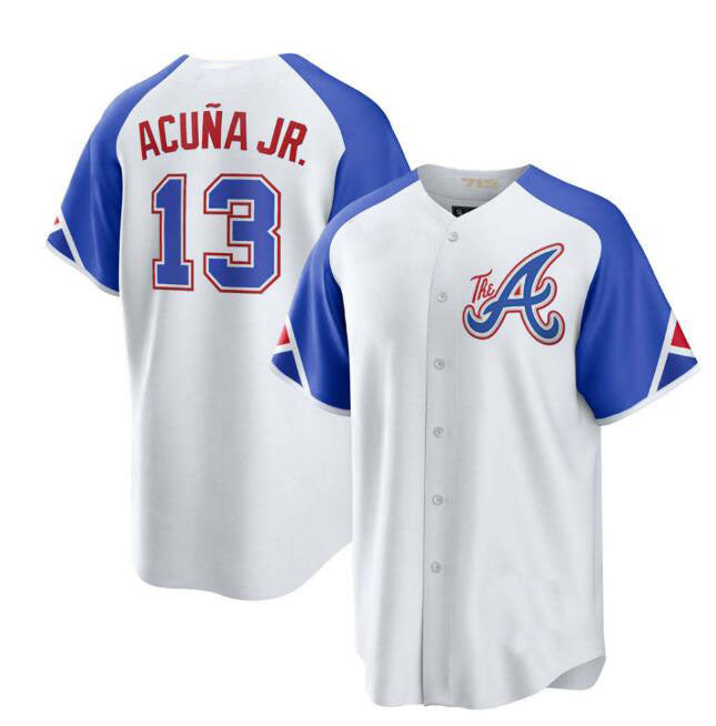 Atlanta Braves #13 Ronald Acuna Jr. WHITE Navy Alternate Authentic Player Jersey Stitches Baseball Jerseys