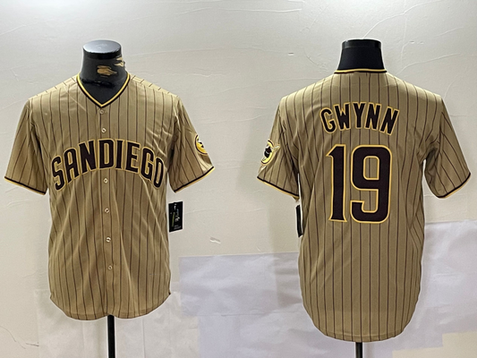 San Diego Padres #19 Tony Gwynn Khaki Team Logo Cool Base Stitched Baseball Jersey