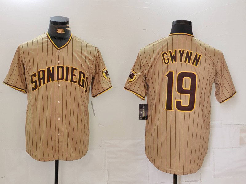 San Diego Padres #19 Tony Gwynn Khaki Team Logo Stitched Cool Base Baseball Jersey