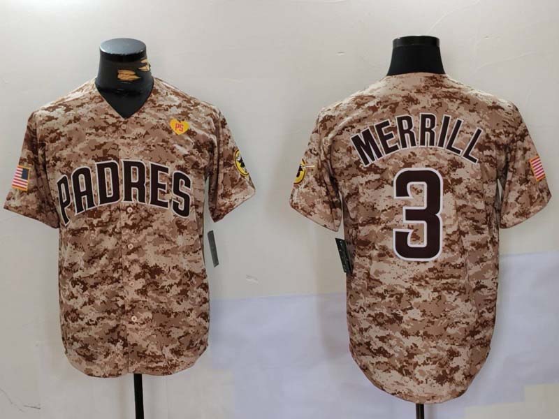 San Diego Padres #3 Jackson Merrill Camo With PS Patch Cool Base Stitched Baseball Jersey