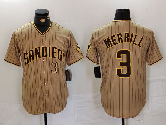 San Diego Padres #3 Jackson Merrill Tan NEW 2023 Cool Base Stitched Baseball Jersey