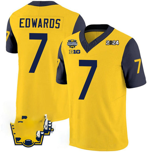 M.Wolverines #7 Donovan Edwards Yellow Navy 2024 F.U.S.E. With 2023 National Champions Patch Stitched Jersey College Jerseys